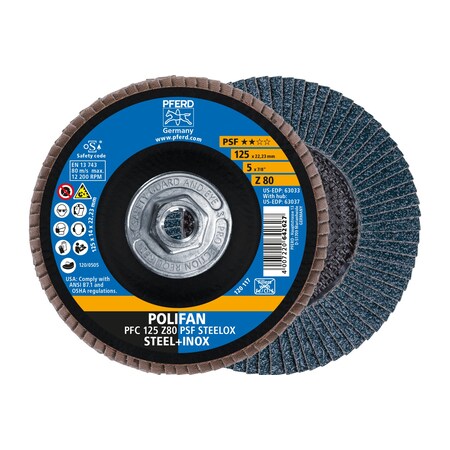 Pferd 5" x 5/8-11 Thd. POLIFAN Flap Disc - Z PSF STEELOX, Zirconia, 80 Grit, Conical 63037